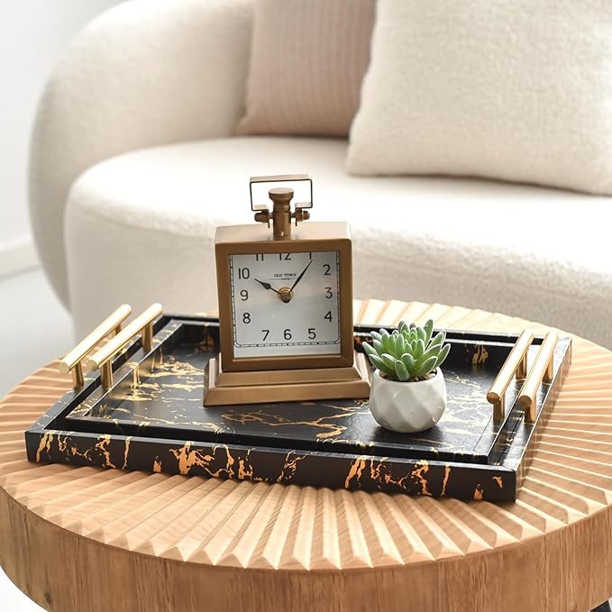 Modern Decorative Tray Set of 2 - Black and Gold Marble Wood Serving Tray with Gold Polished Metal Handles for Ottoman, Coffee Table, and More