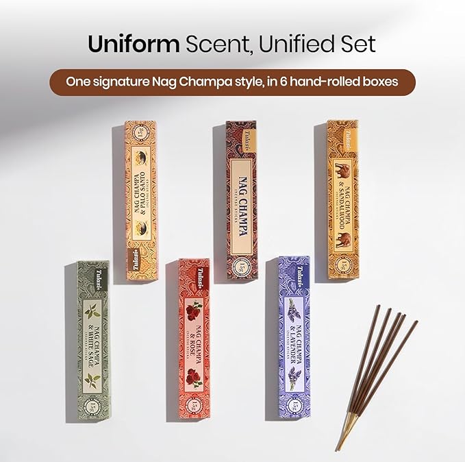 Tulasi Nag Champa Incense Sticks Gift Pack of 6, Hand Rolled Fragrance Incense Sticks for Aromatherapy, Relaxing, Yoga, Meditation, Prayer, Agarbatti Stick with Natural Oils, Thanks Giving (15gm x 6)