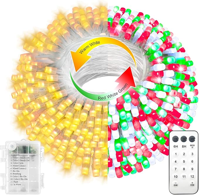 echosari Christmas String Lights, 33Ft 100 LED Fairy Lights Battery Operated Dual Color Changing with Remote Timer for Xmas Tree Festive Decor (Red White Green & Warm White)