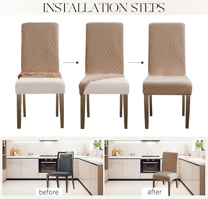 MOSAYT 100% Waterproof Dining Room Chair Covers Set of 6, Super Fit Stretch Jacquard Parson Chairs Slipcovers Removable Washable Chair Seat Protectors for Home, Kitchen, Banquet (Khaki)