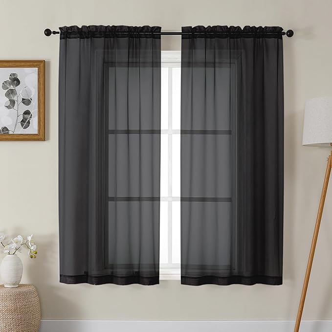 Gwine Black Sheer Curtains 63 Inch Length for Living Room 2 Panels, Light Filtering Rod Pocket Window Curtain Treatment for Bedroom, Voile Elegant Sheer Drapes，Each 42" Wx63 L, Black