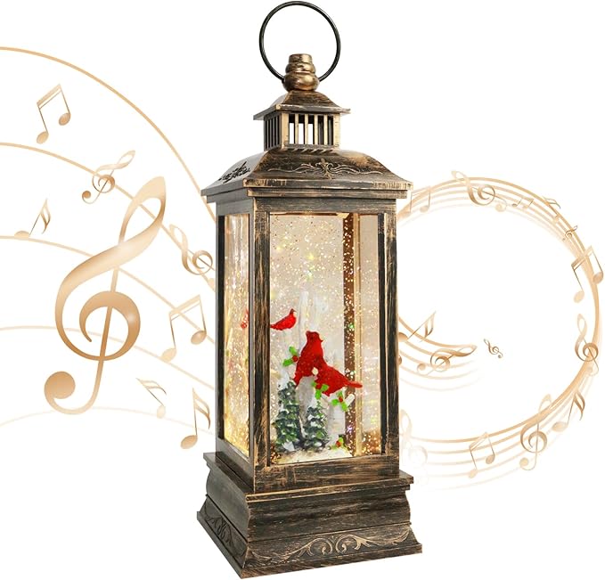 Christmas Cardinal Snow Globe 12.5In High, Musical Cardinal Lantern with 6 Hour Timer and Batteries Powered Retro Style Holiday Glitter Globe for Xmas Indoor Decoration and Santa Gifts