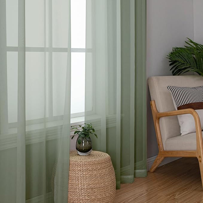 Lecloud Sheer Curtain Panels Set 96" Inches Long, Solid Voile Light Filtering Airy Curtains Window Treatment Drapes for Living Room, 2 Panels Elegant Bedroom Sheer Curtains, Sage Green, 40" Wx96 L