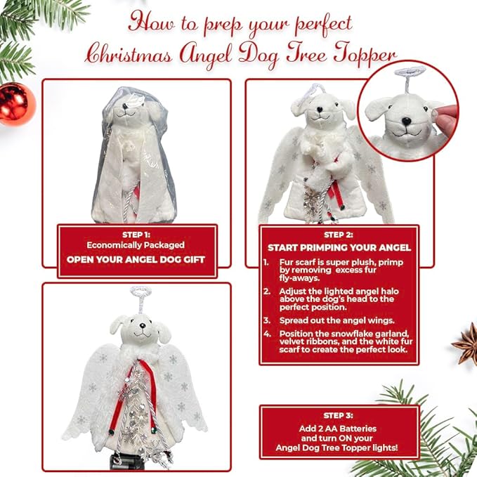 iHeartDogs Christmas Tree Topper Decoration - The Original Dog ‘Christmas Miracle’ Angel Dog Tree Topper LED Lighted Halo, Snowflake Garland & Wings Decor Ornament, Holiday Decoration
