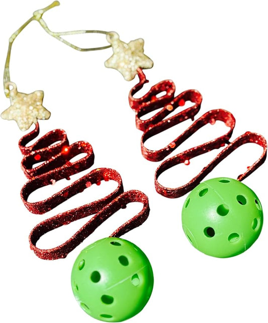 (2) Red Glitter Christmas Tree Ornaments - Metal 6" - Includes a Hanging Green Pickleball - PICKLEBALL MARKETPLACE