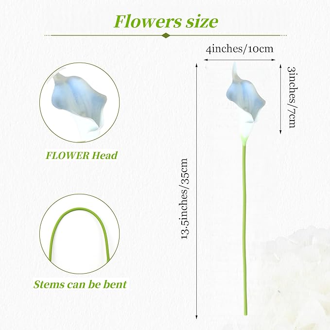 12PCS Realistic Calla Lily Artificial Flowers - 13.5" Latex Real Touch Faux Lilies for Wedding Bouquets, UV Resistant Outdoor Decor & Home Centerpieces (Light Blue)