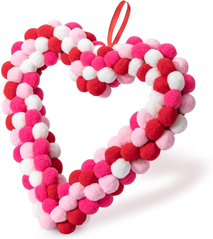 Valentine's Day Heart Felt Pom Pom Wreath, 13" Wool Felt Ball Heart-Shaped Valentines Door Wreath, Pink Felt Heart Wreaths for Valentine Decor, Pompom Valentine Wreaths for Wedding Holiday Anniversary