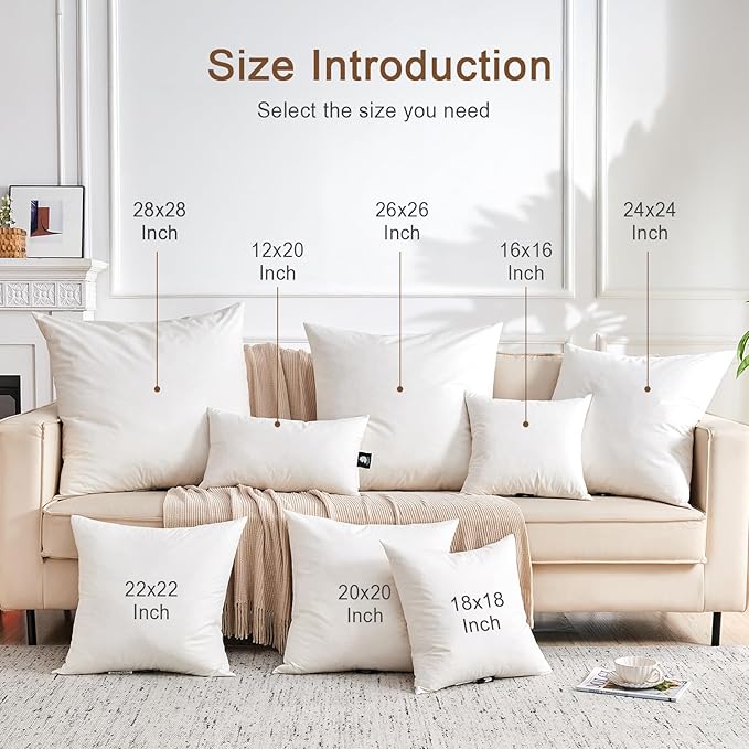 Organic Feather Down Throw Pillow Inserts (26x26 Inch, Set of 2) - 100% Cotton Shell, Filling of Feathers & Memory Foam, Euro Square Decorative Pillow Form Core for Couch, Sofa, and Bed
