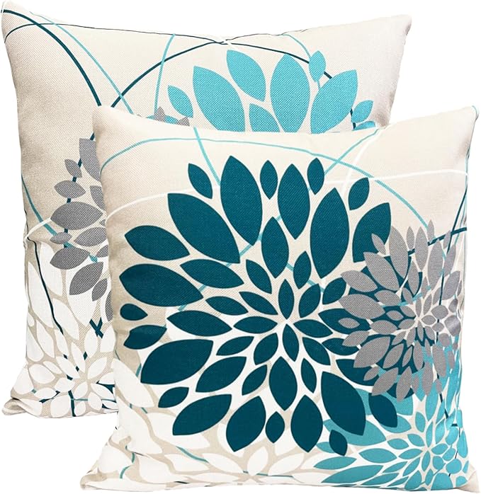 Decorative Throw Pillow Covers Set of 2 Teal Blue Pillow Covers 20x20 inch Linen Square Pillow Cases,Farmhouse Modern Geometric Floral Outdoor Pillow Cover for Couch Sofa Living Room Bedroom