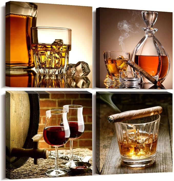 Canvas wall Art For Kitchen Dining Room Wall Decor Still Life Wine Glass Wall Paintings Ready To Hang For Home Decor Pub Restaurant Mural Framed Pictures Posters Prints Artwork 16" X 16"4 Piece