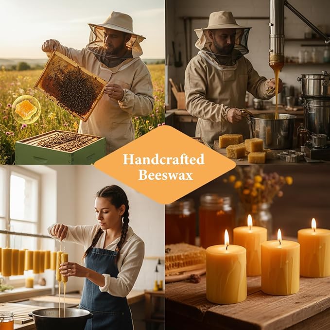 3x4inch Natural Beeswax Pillar Candles Set of 4, Dripping Wax Modeling Pure Beeswax Candles with 240 Hours Long Burning, Dripless Smokeless Organic Pillar Candles for Home Decor, Emergency, Prayer