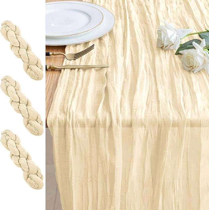 3PCS Table Runner Cheesecloth 10FT Beige Boho Gauze Cheese Cloth Rustic Sheer Table Runners for Wedding Bridal Baby Shower Party Decoration