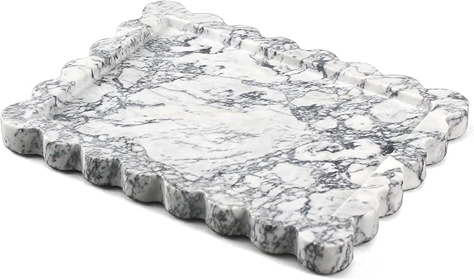 Genuine Scalloped Marble Tray, Real Natural Marble Stone Tray, Luxury Decorative Trays for Bathroom, Dresser, Vanity, Kitchen, Home Decor, 10.6" x 8", Calacatta Gray