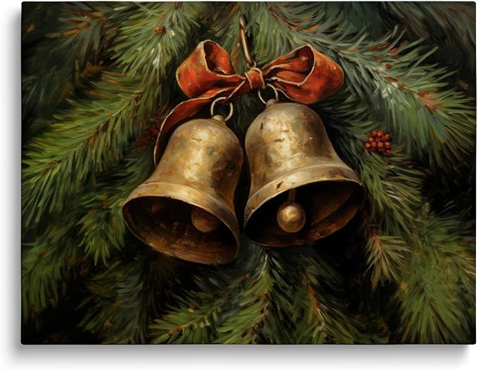 Victorian Country Christmas Art,Christmas Jingle Bells Wall Art,Brass Bells Poster,Winter Still Life Print,Christmas Oil Painting,Christmas Living Room Fireplace Office Decor24x36inch Unframed