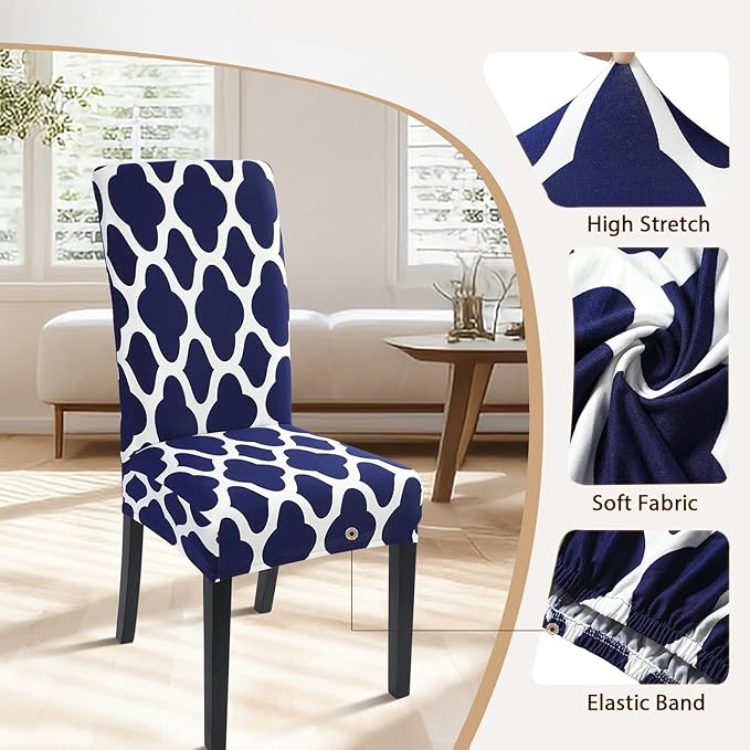 SearchI Dining Room Chair Covers Set of 4, Spandex Stretch Kitchen Chair Slipcovers Removable Washable Moroccan Geometric Parsons Chair Covers Protector for Dining Room, Hotel (Navy Blue)