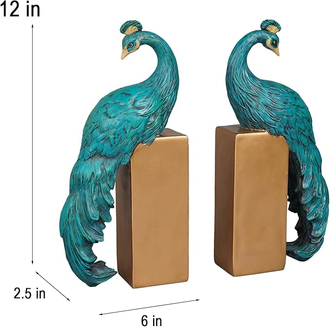 Heavy Duty Bookends Home Decor - Set of 2 Resin Peacock Non-Skid Decorative Bookends Bird Bookends Modern Peacock Statue Decor for Bookshelves Office Desk Living Room 6 * 2.5 * 12 Inch Braxio