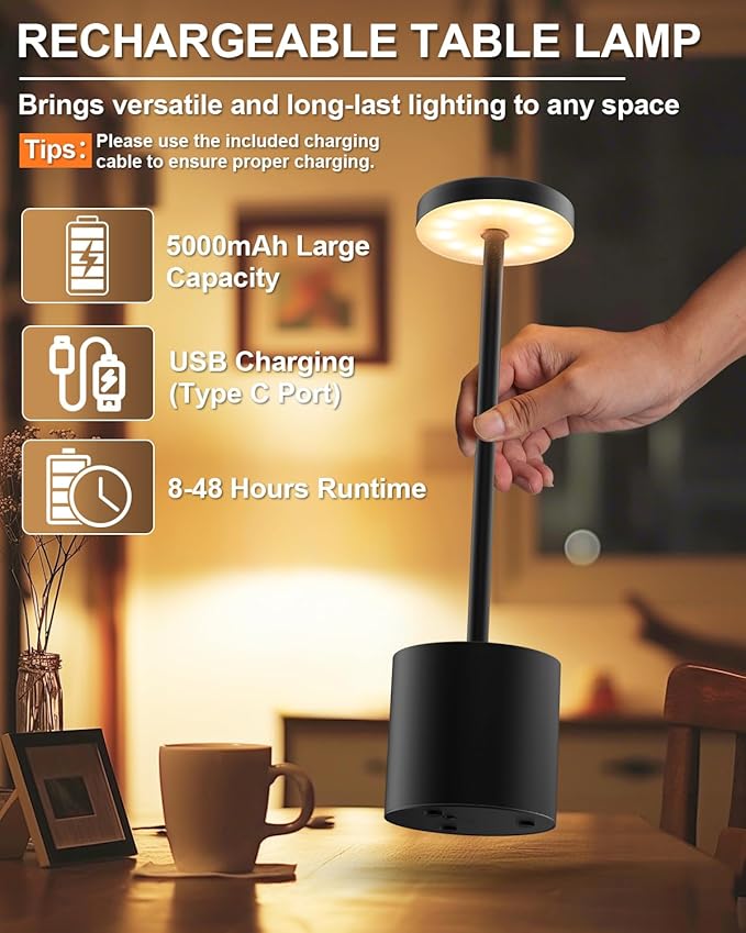 Cordless Table Lamp Set of 2, Rechargeable 5000mAh Battery Powered Outdoor Table Lamps, Portable LED Desk Lamp, 3 Color Dimmable Light for Restaurant, Patio, Bedroom, Bedside Night Lamp(Black)