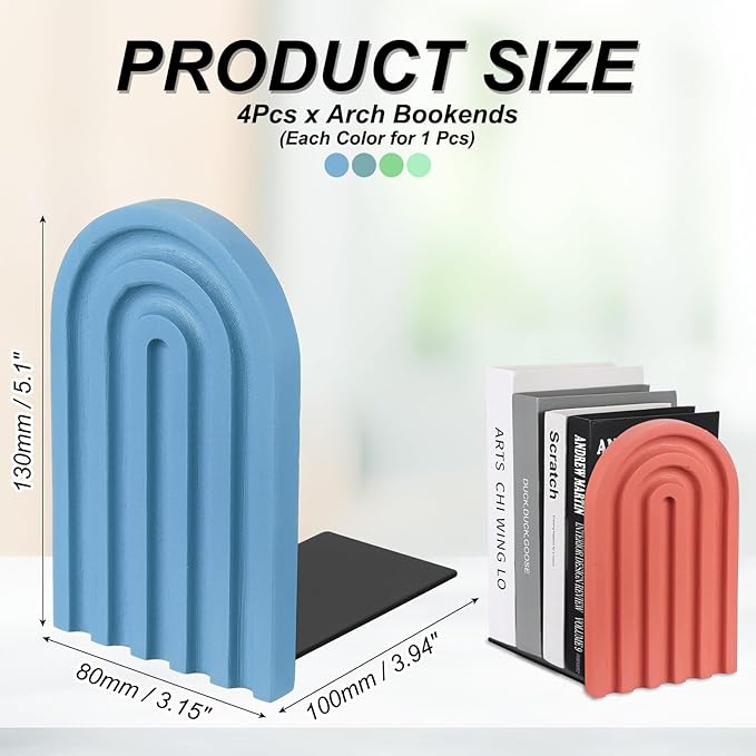 PATIKIL 4Pcs Boho Arch Bookends, Non-Skid Wood Book Ends Rainbow Wooden for Shelves Book Stopper Stand Cute for Holding Books Movie CD Home Office Library Decorative, Blue Tone/Green/Cyan