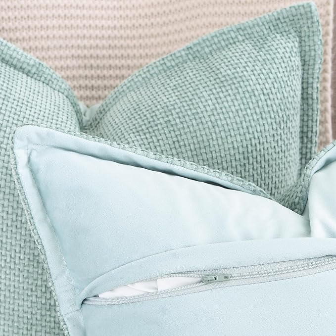 MADIZZ Chenille Velvet Throw Pillow Covers with Flange Set of 2 Super Soft Boho Textured Pillow Covers Decorative Throw Pillowcases Modern Farmhouse Home Decor for Sofa Bedroom Aqua Green 12x20 Inch