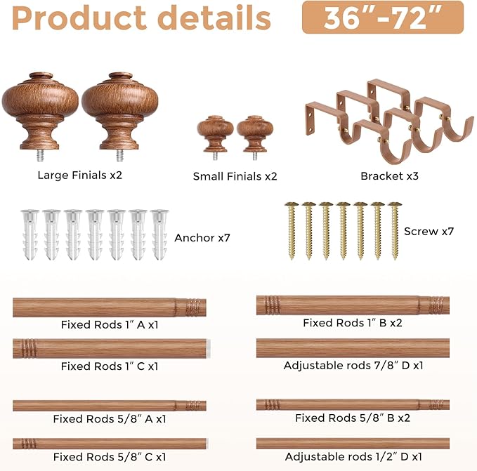Wood Double Curtain Rods for Windows 36 to 72 inch, Boho Vintage Decorative 1 Inch Adjustable Dual Curtain Rod, Heavy Duty Farmhouse Double Drapery Pole with Imitation Wood Grain Finials