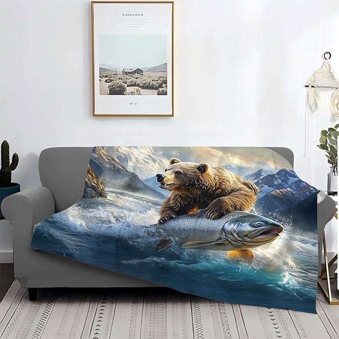 Tijuboni Bear Fish Throw Blanket Cabin Bear Gifts for Women Men Girls Boys Kids Adults Soft Flannel Fleece Blanket for Couch Sofa Bed Home Decor 60"x80"