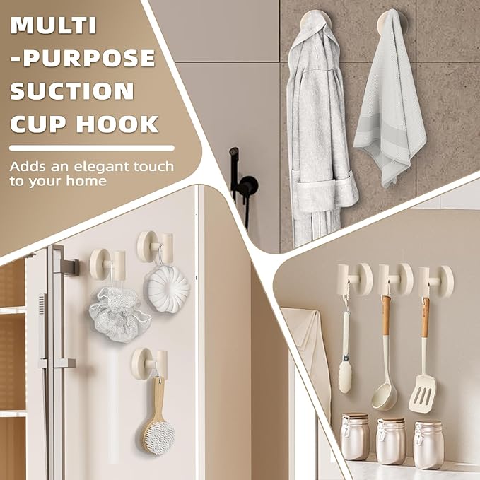 Suction Cup Hooks for Shower - Bathroom Reusable Hooks for Towels, Robes & Loofah - No-Drill Mounting on Kitchen,Walls,Metal,Glass,Mirrors,Tile & Smooth Non-Porous Surfaces (4, Milk White)