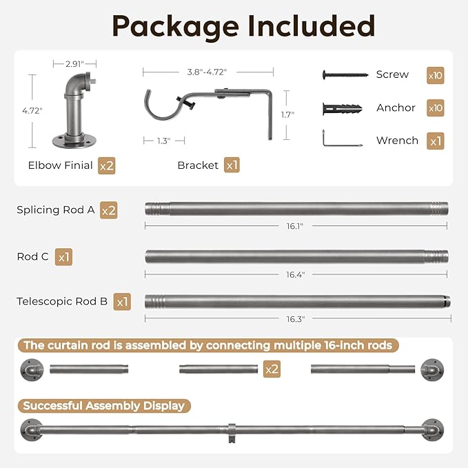 Zeerobee Curtain Rods for Windows 32 to 72, 1 Inch Industrial Wrap Around Curtain Rod, Indoor/Outdoor Room Divider Adjustable Drapery Pole, 32"-72", Grey