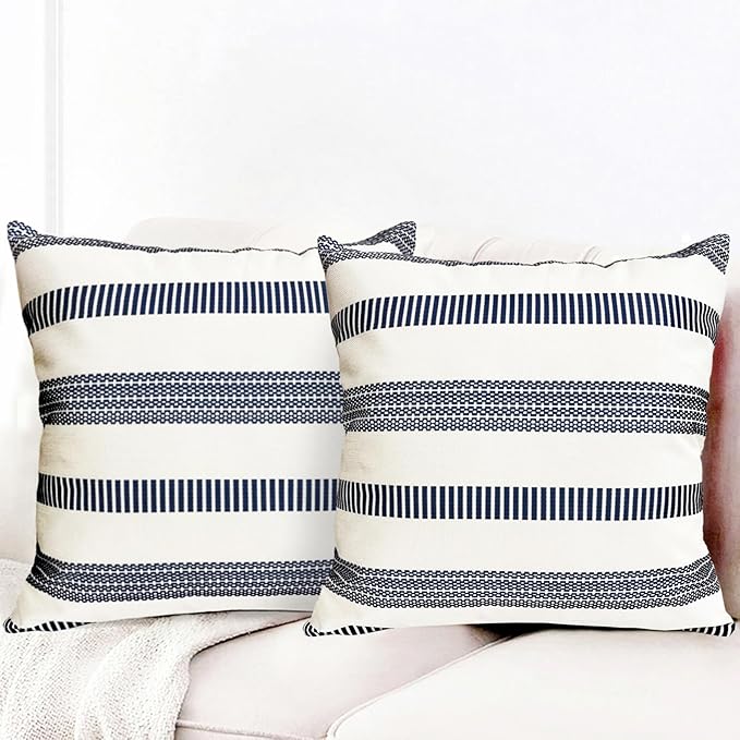 Decorative Throw Pillow Covers Set of 2 Blue Boho Striped Pillow Covers 16x16 Inch Throw Pillow Cover Linen Pillowcase Farmhouse Outdoor Pillow Covers for Couch Sofa Bed Living Room
