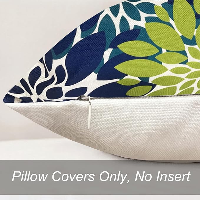 Decorative Throw Pillow Covers Set of 2 Blue Green pillow covers 22x22 Inch Couch Pillow Covers for Sofa Living Room Outdoor throw pillow cover Linen Square Floral Flower Farmhouse Pillowcase