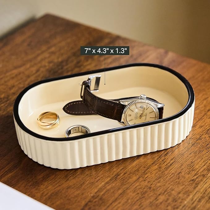 Preston Lane Signature Ceramic Tray – Handmade in Portugal with Fluted Edges & Hand-Painted Trim – Decorative Organizer or Home Accent, Medium, Alabaster