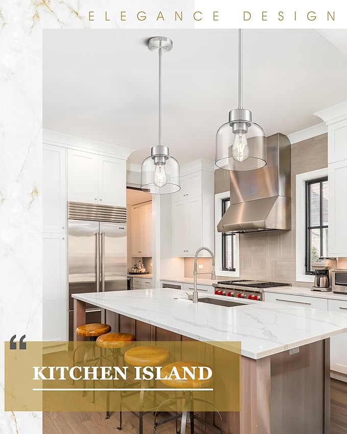 Pendant Lights Kitchen Island, 7" Brushed Nickel Hanging Lights Fixtures with Clear Glass Shade, Modern Kitchen Pendant Lighting Over Island for Dining Room, AD-24024-1P-SN