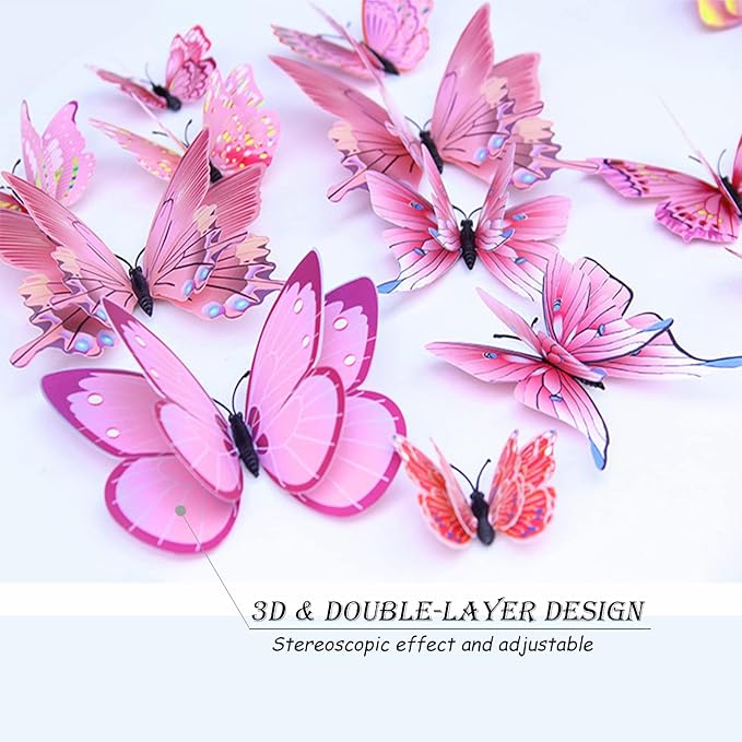 Butterfly Wall Decor 72 PCS, 3D Butterflies Stickers for Party Decorations with Magnets(Pink, 72)