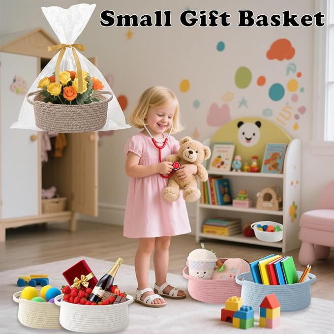 Small Woven Rope Basket-Empty Gifts Basket with Bag and Ribbons,Cute Handle Organizer Box for Birthday/Baby Shower, Toy Storage, Nursery Organizing & Shelf Decor(Mixed Brown)
