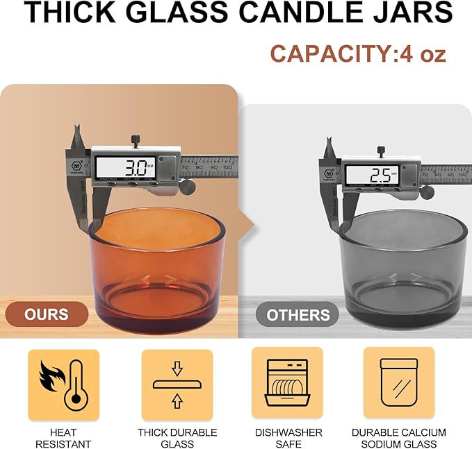 SHOWIN Thick Candle Jars for Making Candles 16 Pcs, 4 OZ Empty Jars with Wood Lids for Candle Making, Sample Container - Dishwasher Safe,Clear Brown