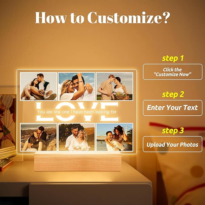 Personalized Christmas Anniversary Couples Gifts for Women Men Girlfriend Boyfriend, Custom Picture Frames with Photo, Personalized Photo Frame with Night Light, Customized Gifts for Her Him Wife