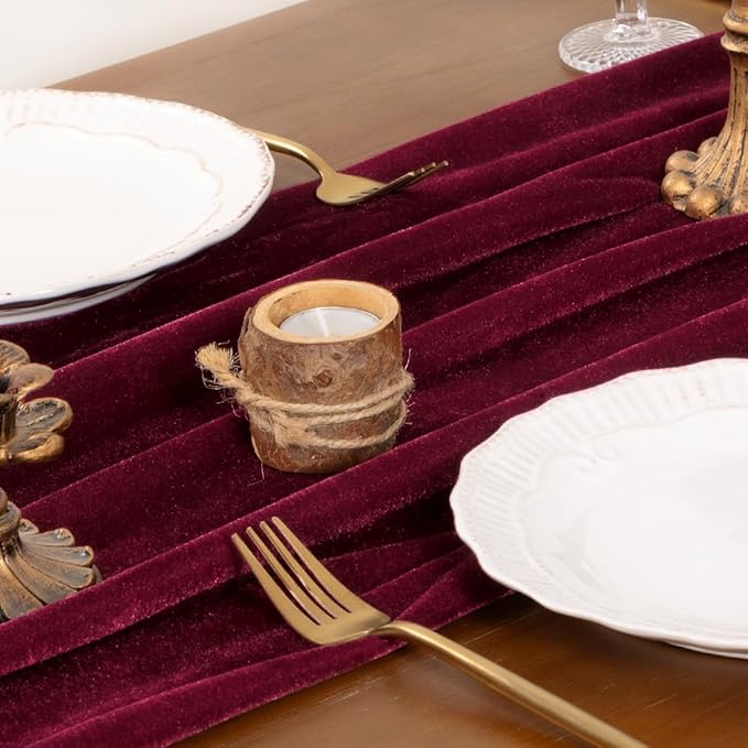 Socomi 2pcs Burgundy Red Velvet Valentine's Day Table Runner Cloth Decor 20 x 120 Inches 10ft Fabric Luxurious Thanksgiving Wedding Runner for New Year Bridal Shower