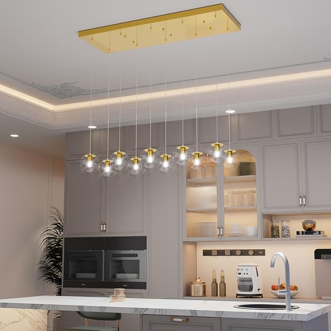 10-Lights Chandeliers for Dining Room Glass Globe Pendant Light Gold Chandeliers Rectangle Pendant Ceiling Light Fixture for Kitchen Island Dining Room Over Table Entryway Lighting Fixture