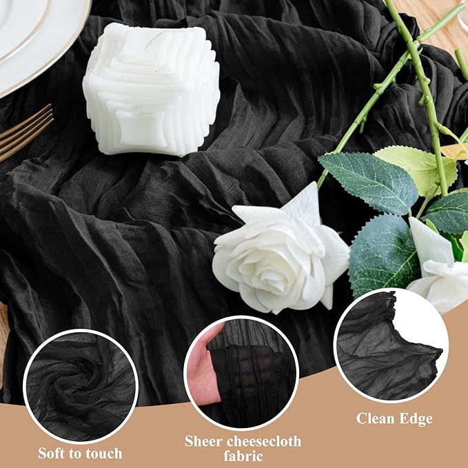 Wokceer Cheesecloth Table Runner 3Pack 10FT Black Christmas Boho Gauze Cheese Cloth Table Runner for Party Easter Rustic Sheer Table Runners for Baby Bridal Shower Wedding Table Decor