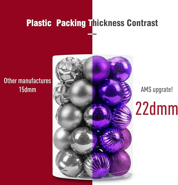 AMS 34ct Christmas Ball Mini Ornaments Party Decorations Shatterproof Festival Pendant Hangings for Xmas Tree Decor(1.57''/40mm,Purple)