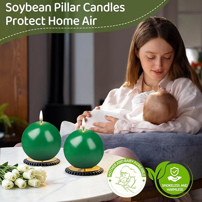 3 Inch Green Round Ball Candles,Elegant Round Pillar Candles,Hand-Poured Natural Soy Candles,26 H Long Burning Time-Dripless Smokeless Candle Dinner Table,for Wedding,Christmas Home Decor 4 Pack