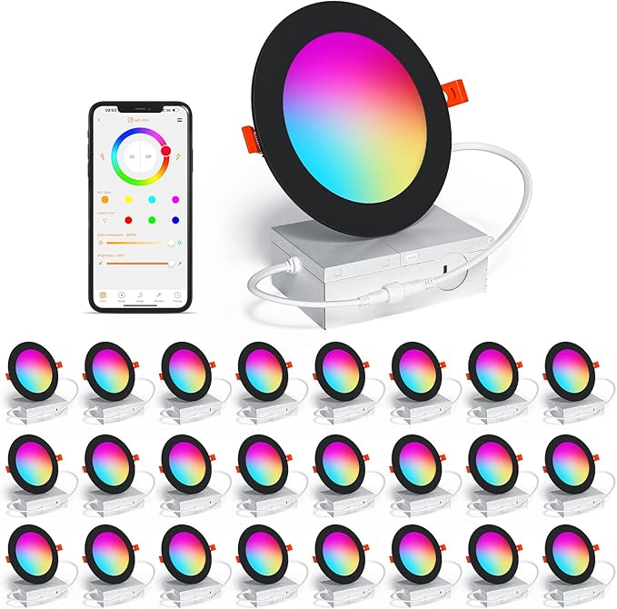 Black 24 Pack Smart Recessed Lighting 4 Inch RGBCW Color Changing 12W LED Downlight with Junction Box,1000 Lumen Recessed Ceiling Light Compatible with Alexa,Dimmable by Bluetooth Control