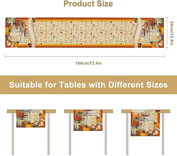 Fall Pumpkin Table Runner Rustic Farmhouse Mushrooms Leaves Berries Lanterns Thanksgiving Theme Home Decor for Farmhouse Indoor Outdoor Party Holiday Dining Kitchen Restaurant Cafe W13xL36in
