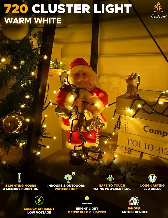 EcoNour 29.5 Ft 720 LED Cluster Twinkle Lights for Christmas Tree, 8 Modes String Lights for Decoration with Timer and Memory Function, Ambient Warm White Fairy Lights for Magical Home & Garden Decor