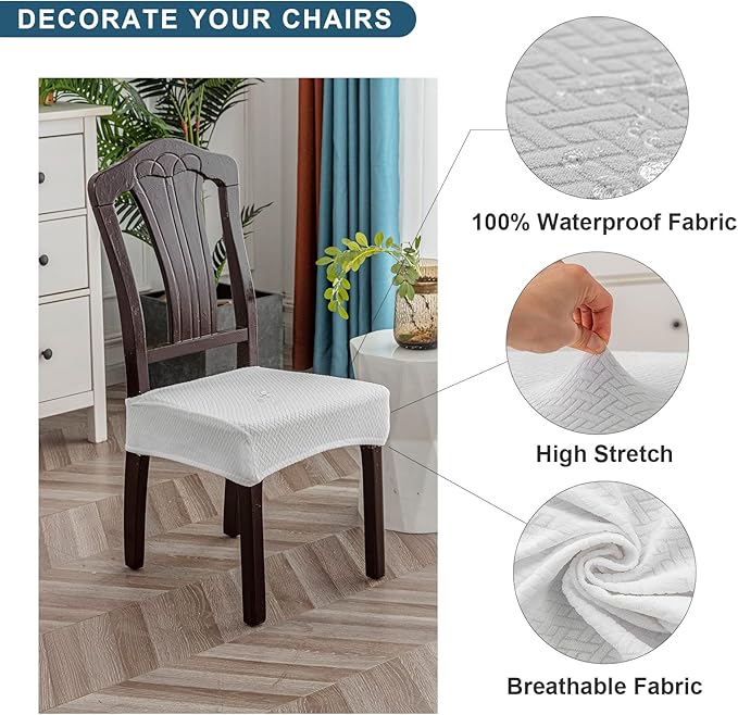 Genina Waterproof Seat Covers for Dining Room Chair Covers Waterproof Dining Chair Covers (4 PCS-Rear-gapped, White)