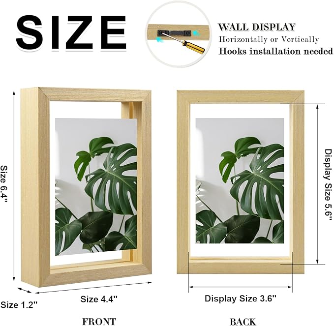 Egofine 4x6 Floating Frames Set of 2, Double Plexiglass Picture Frame, Made of Solid Wood Display Any Size Photo up to 4x6, Wall Mount or Tabletop Standing, Natural Wood