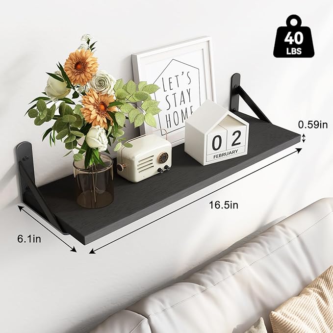 Fixwal Floating Shelves for Wall, Wood Wall Mounted Shelves for Bedroom, Bathroom, Living Room, Kitchen Storage and Decor(Black, Set of 4, 16.5 Inch)