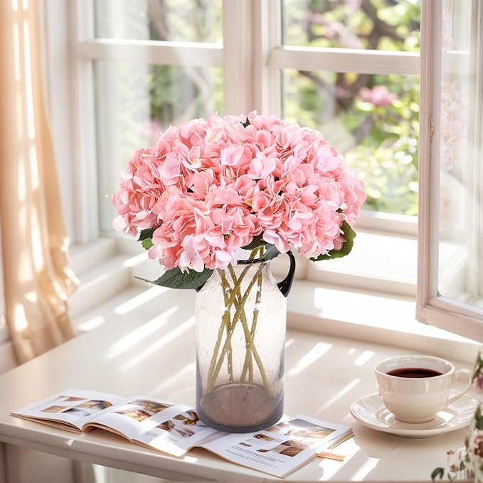 Kimura's Cabin 6pcs Pink Fake Hydrangea Flowers Artificial Silk Hydrangea Bouquets Faux Hydrangea with Stems for Wedding Home Party Table Core Decoration (Pink, Pack of 6)