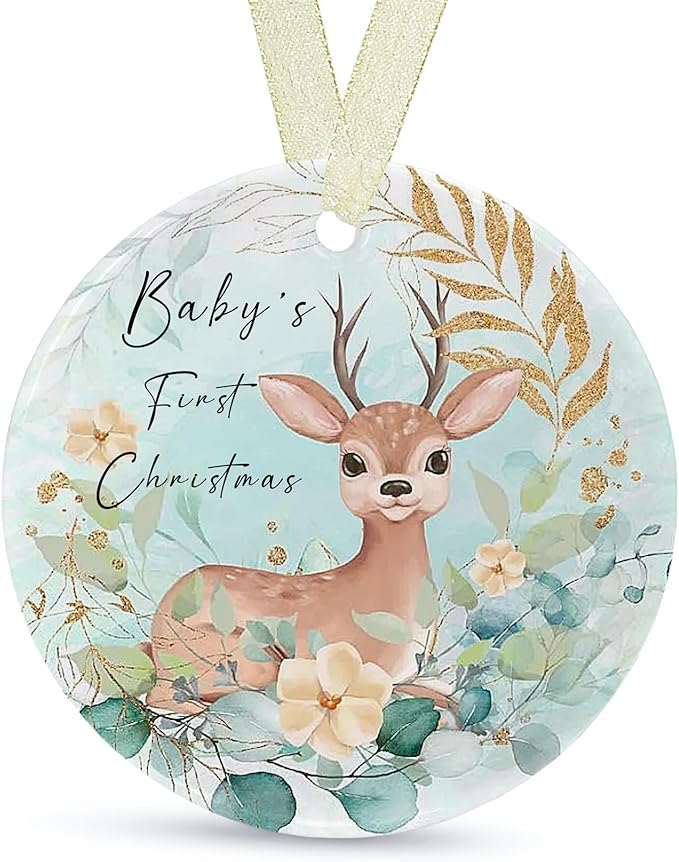 Babys First Christmas Ornaments 2025 Babies First Christmas Ornament Baby's 1st Ornament Boys Girls Round Ceramic Decoration with Gift Box&Ribbon (2.9"