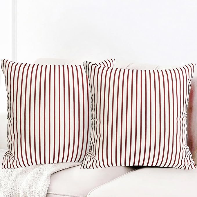 Decorative Throw Pillow Covers Set of 2 Wine Red Striped Pillow Covers 16x16 Inch Throw Pillow Cover Linen Pillowcase Modern Farmhouse Outdoor Pillow Covers for Couch Sofa Living Room