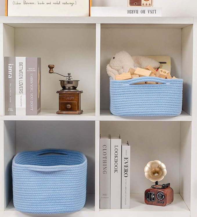 CubesLand Cute and Durable Small Cotton Rope Basket for Organizing, Woven Closet Storage Bin,Shelves Closet Storage Basket, Bathroom Storage Organizer Bin, Nursery Toy Basket Bin, Blue Basket